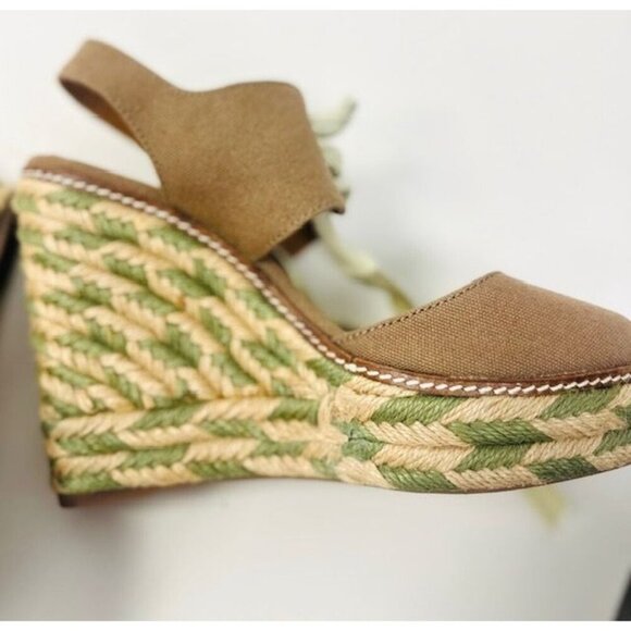 Tory Burch Brown Canvas Espadrille Wedge Sandals With Ivory Lace-Up Detail Women - Picture 5 of 10